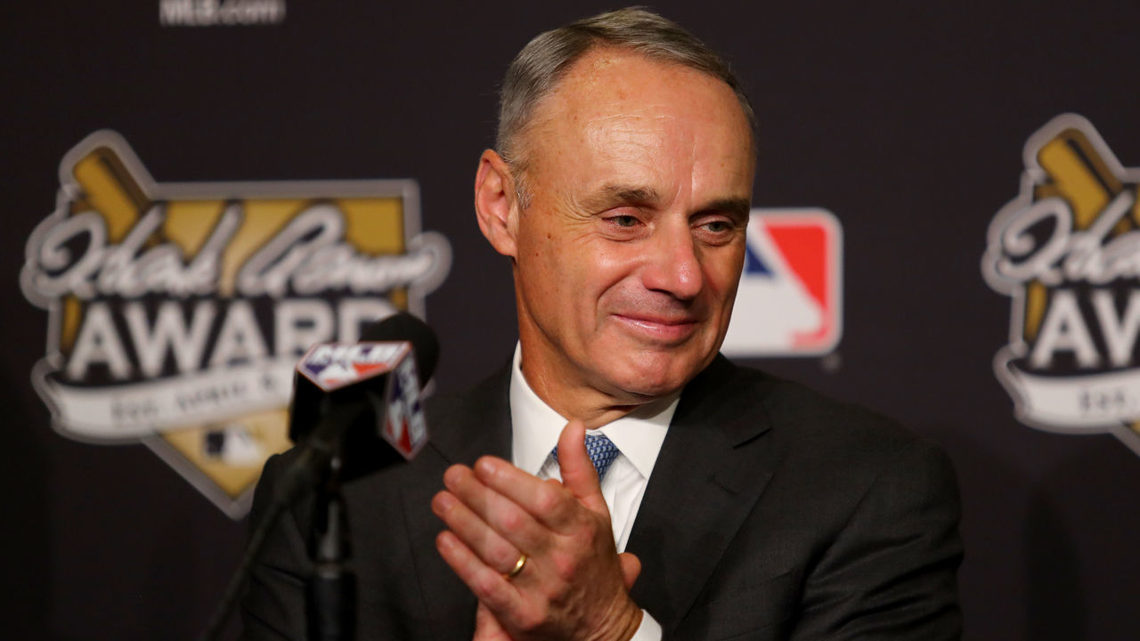 LOS ANGELES, CA - OCTOBER 25: Major League Baseball Commissioner Robert D. Manfred Jr. attends the 2017 Hank Aaron Award press conference prior to game two of the 2017 World Series between the Houston Astros and the Los Angeles Dodgers at Dodger Stadium on October 25, 2017 in Los Angeles, California.