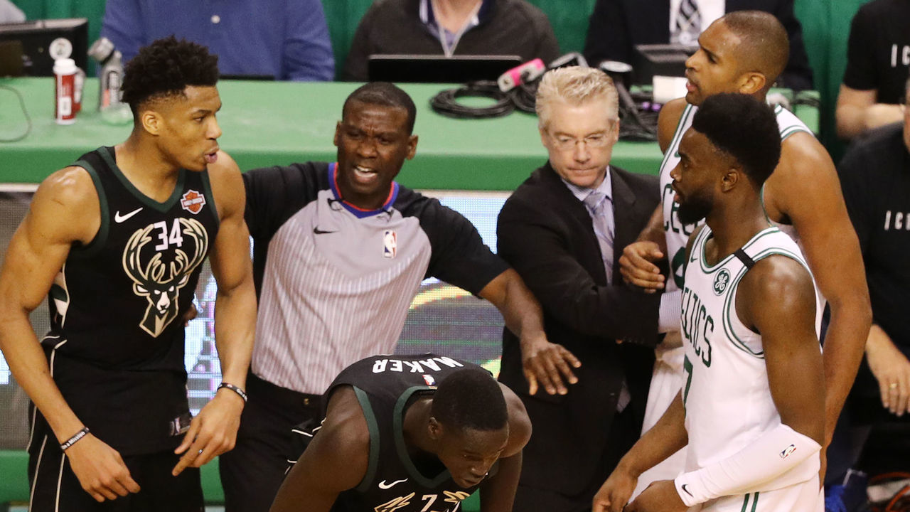 BOSTON, MA - APRIL 24: Al Horford #42 of the Boston Celtics and Giannis Antetokounmpo #34 of the Milwaukee Bucks are separated during the fourth quarter in Game Five in Round One of the 2018 NBA Playoffs at TD Garden on April 24, 2018 in Boston, Massachusetts. The Celtics defeat the Bucks 92-87.