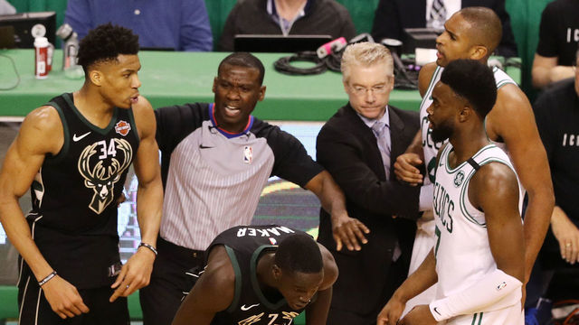 BOSTON, MA - APRIL 24: Al Horford #42 of the Boston Celtics and Giannis Antetokounmpo #34 of the Milwaukee Bucks are separated during the fourth quarter in Game Five in Round One of the 2018 NBA Playoffs at TD Garden on April 24, 2018 in Boston, Massachusetts. The Celtics defeat the Bucks 92-87.