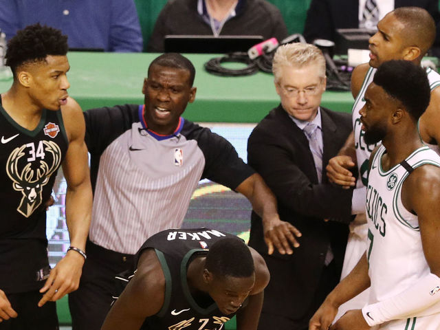 BOSTON, MA - APRIL 24: Al Horford #42 of the Boston Celtics and Giannis Antetokounmpo #34 of the Milwaukee Bucks are separated during the fourth quarter in Game Five in Round One of the 2018 NBA Playoffs at TD Garden on April 24, 2018 in Boston, Massachusetts. The Celtics defeat the Bucks 92-87.