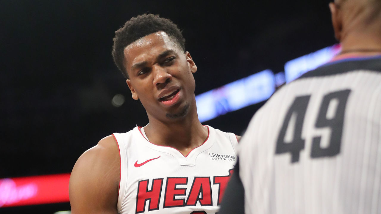 NEW YORK, NY - JANUARY 19: Hassan Whiteside #21 of the Miami Heat reacts against the Brooklyn Nets in the third quarter during their game at Barclays Center on January 19, 2018 in the Brooklyn borough of New York City.