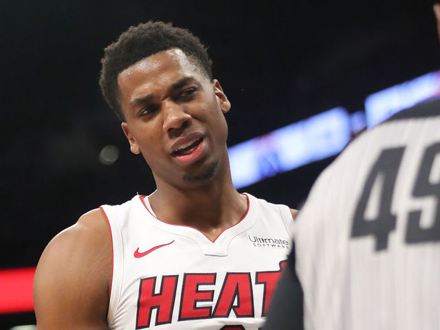 NEW YORK, NY - JANUARY 19: Hassan Whiteside #21 of the Miami Heat reacts against the Brooklyn Nets in the third quarter during their game at Barclays Center on January 19, 2018 in the Brooklyn borough of New York City.