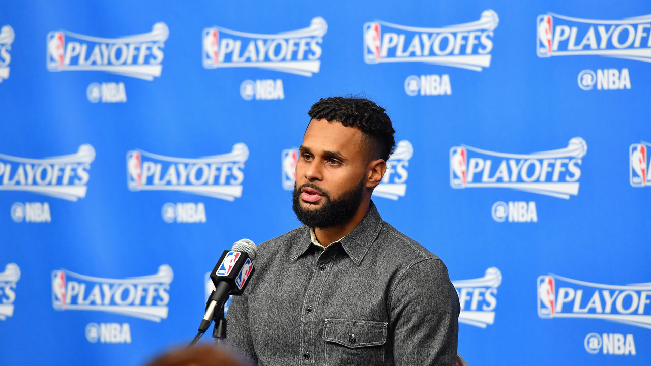 HOUSTON, TX - MAY 7: Patty Mills #8 of the San Antonio Spurs talks with the press after the game against the Houston Rockets during Game Four of the Western Conference Semifinals of the 2017 Playoffs on May 7, 2017 at the Toyota Center in Houston, Texas. Mandatory Copyright Notice: Copyright 2017 NBAE
