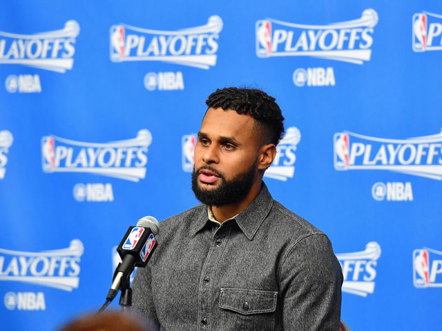 HOUSTON, TX - MAY 7: Patty Mills #8 of the San Antonio Spurs talks with the press after the game against the Houston Rockets during Game Four of the Western Conference Semifinals of the 2017 Playoffs on May 7, 2017 at the Toyota Center in Houston, Texas. Mandatory Copyright Notice: Copyright 2017 NBAE