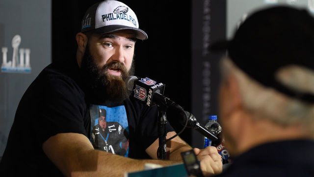 BLOOMINGTON, MN - FEBRUARY 01: Jason Kelce #62 of the Philadelphia Eagles speaks to the media during Super Bowl LII media availability on February 1, 2018 at Mall of America in Bloomington, Minnesota. The Philadelphia Eagles will face the New England Patriots in Super Bowl LII on February 4th.