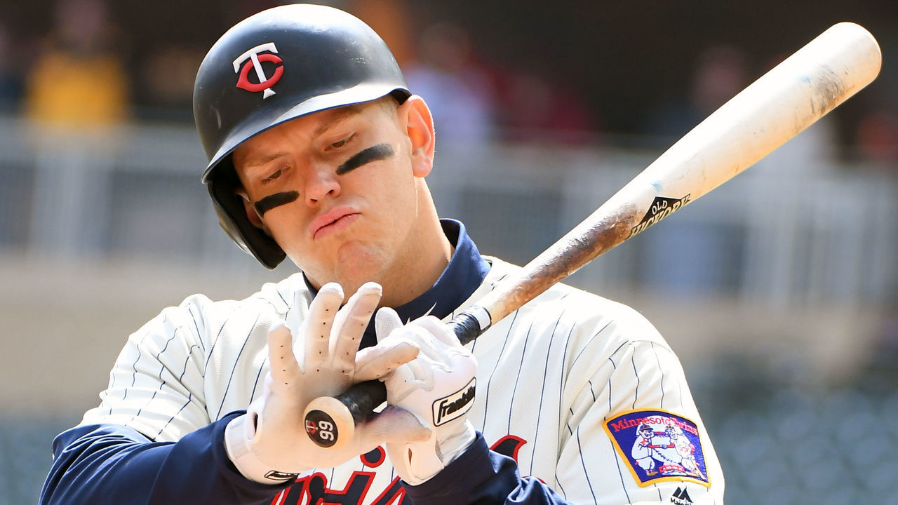 MINNEAPOLIS, MN - APRIL 11: Minnesota Twins Designated hitter Logan Morrison (99) at the plate during a MLB game between the Minnesota Twins and Houston Astros on April 11, 2018 at Target Field in Minneapolis, MN. The Twins defeated the Astros 9-8.