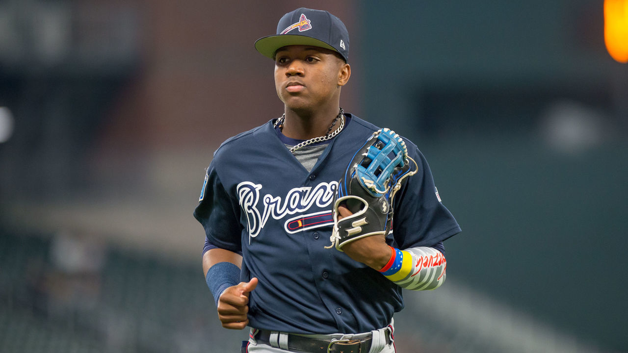 ATLANTA, GA - MARCH 27: Atlanta Braves CF Ronald Jr. Acuna (82) during the MLB Spring Training baseball game between the New York Yankees and the Atlanta Braves on March 27, 2018, at SunTrust Field in Atlanta, GA.