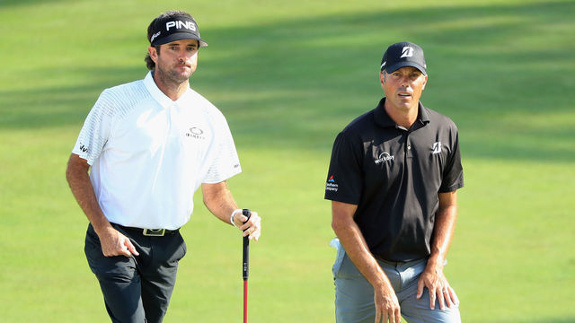 WESTBURY, NY - AUGUST 26: Bubba Watson and Matt Kuchar of the United States walk on the 13th hole during round three of The Northern Trust at Glen Oaks Club on August 26, 2017 in Westbury, New York.