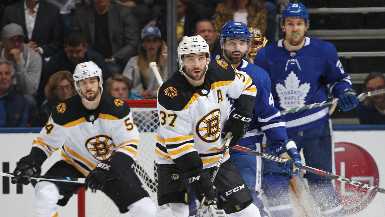 TORONTO, ON - APRIL 23: Patrice Bergeron #37 of the Boston Bruins skates against the Toronto Maple Leafs in Game Six of the Eastern Conference First Round in the 2018 Stanley Cup Play-offs at the Air Canada Centre on April 23, 2018 in Toronto, Ontario, Canada.