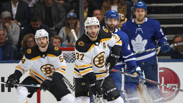 TORONTO, ON - APRIL 23: Patrice Bergeron #37 of the Boston Bruins skates against the Toronto Maple Leafs in Game Six of the Eastern Conference First Round in the 2018 Stanley Cup Play-offs at the Air Canada Centre on April 23, 2018 in Toronto, Ontario, Canada.
