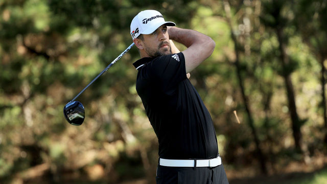 PEBBLE BEACH, CA - FEBRUARY 08: Aaron Rodgers plays his shot from the 16th tee during Round One of the AT&T Pebble Beach Pro-Am at Spyglass Hill Golf Course on February 8, 2018 in Pebble Beach, California.
