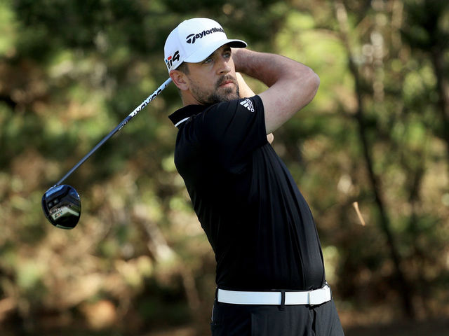 PEBBLE BEACH, CA - FEBRUARY 08: Aaron Rodgers plays his shot from the 16th tee during Round One of the AT&T Pebble Beach Pro-Am at Spyglass Hill Golf Course on February 8, 2018 in Pebble Beach, California.