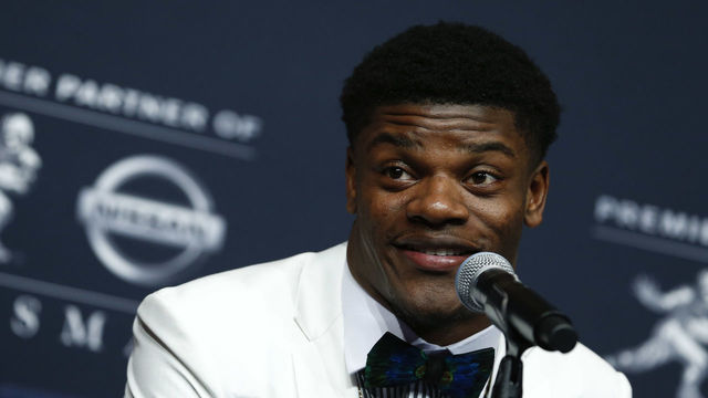 NEW YORK, NY - DECEMBER 09: Lamar Jackson of Louisville speaks at the press conference for the 2017 Heisman Trophy Presentation on December 9, 2017 in New York City.