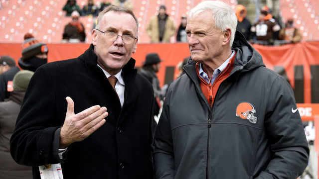 CLEVELAND, OH - DECEMBER 10: New General Manager John Dorsey of the Cleveland Browns is seen with owner Jimmy Haslam before the game against the Green Bay Packers at FirstEnergy Stadium on December 10, 2017 in Cleveland, Ohio.