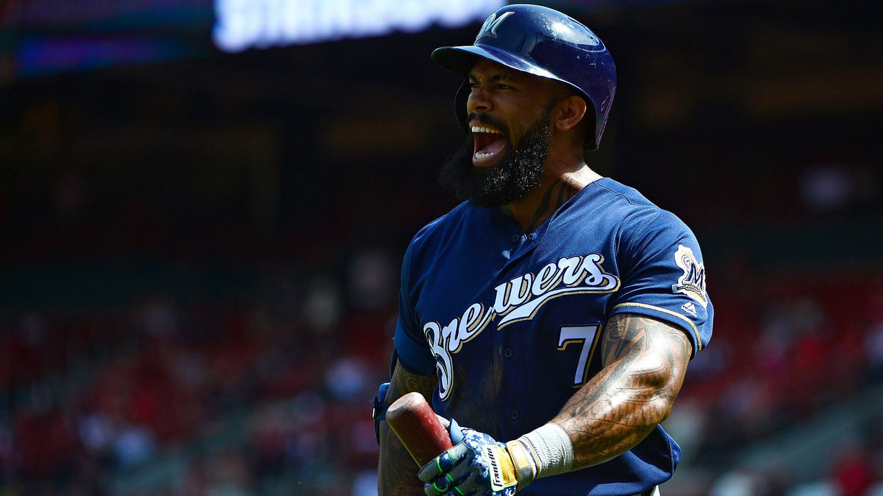ST LOUIS, MO - APRIL 11: Eric Thames #7 of the Milwaukee Brewers reacts after striking out during the eighth inning against the St. Louis Cardinals at Busch Stadium on April 11, 2018 in St Louis, Missouri.
