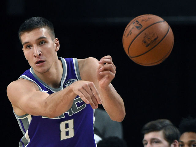 LAS VEGAS, NV - OCTOBER 08: Bogdan Bogdanovic #8 of the Sacramento Kings passes against the Los Angeles Lakers during their preseason game at T-Mobile Arena on October 8, 2017 in Las Vegas, Nevada. Los Angeles won 75-69.