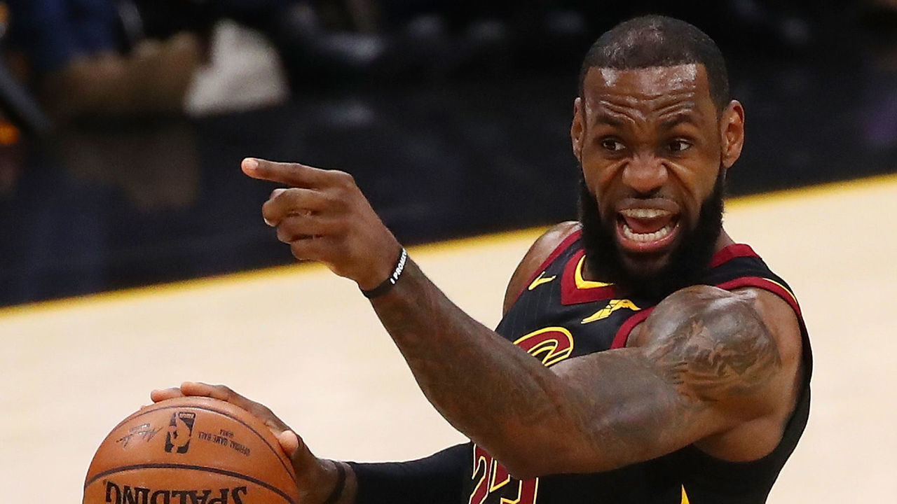 CLEVELAND, OH - APRIL 25: LeBron James #23 of the Cleveland Cavaliers directs his teammates while playing the Indiana Pacers during the first half of Game Five of the Eastern Conference Quarterfinals during the 2018 NBA Playoffs at Quicken Loans Arena on April 25, 2018 in Cleveland, Ohio.