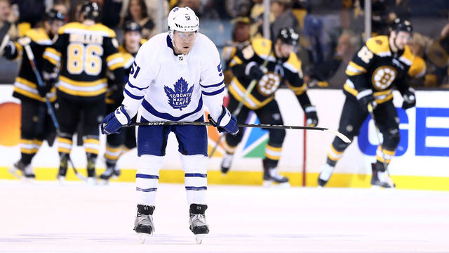 BOSTON, MA - APRIL 21: Jake Gardiner #51 of the Toronto Maple Leafs reacts after Sean Kuraly #52 of the Boston Bruins scored during the second period of Game Five of the Eastern Conference First Round in the 2018 Stanley Cup play-offs at TD Garden on April 21, 2018 in Boston, Massachusetts.