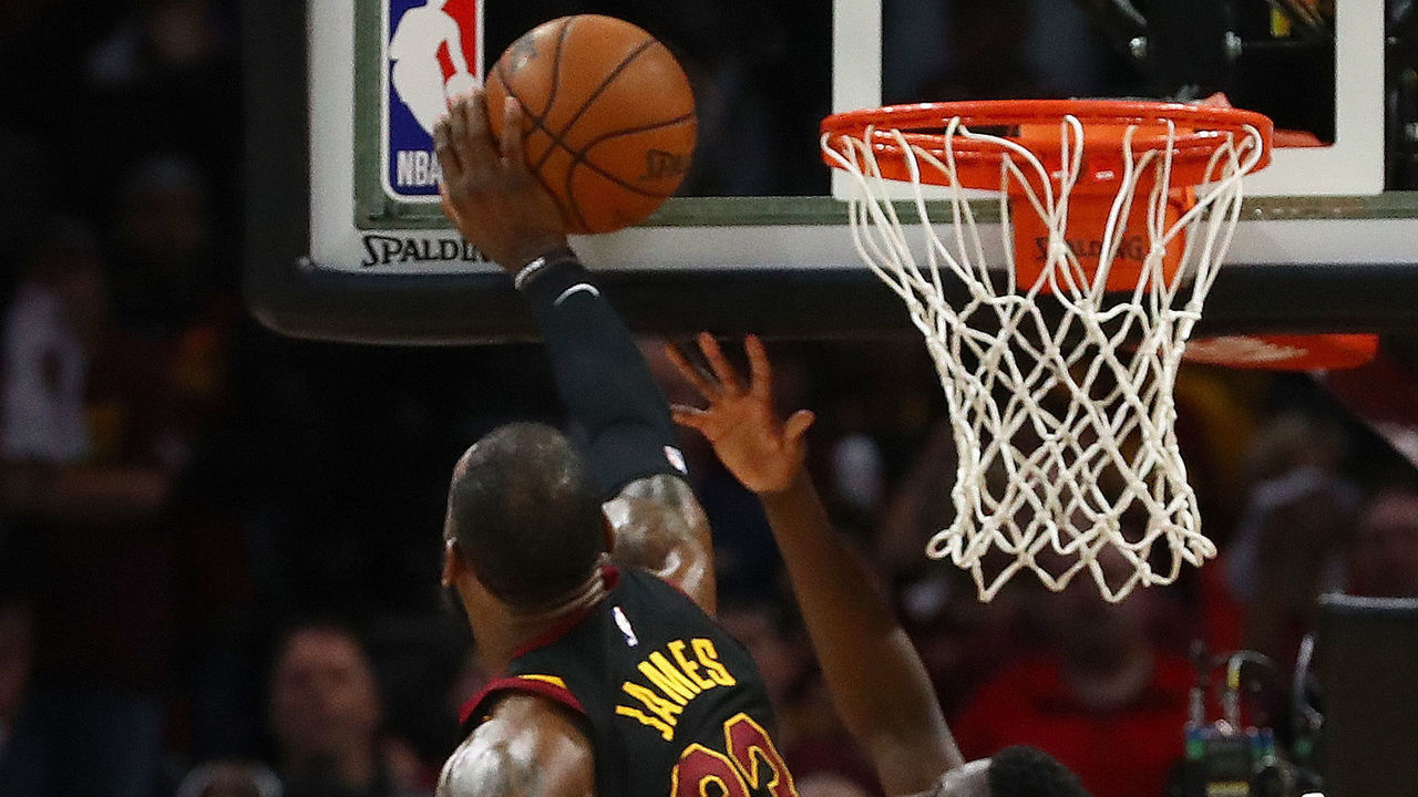 CLEVELAND, OH - APRIL 25: LeBron James #23 of the Cleveland Cavaliers blocks the shot of Victor Oladipo #4 of the Indiana Pacers late Game Five of the Eastern Conference Quarterfinals during the 2018 NBA Playoffs at Quicken Loans Arena on April 25, 2018 in Cleveland, Ohio. Cleveland won the game 98-95 to take a 3-2 series lead.