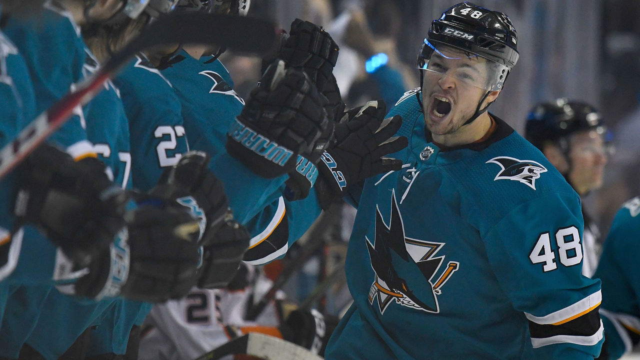 SAN JOSE, CA - APRIL 18: Tomas Hertl #48 of the San Jose Sharks is congratulated by teammates after scoring a goal against the Anaheim Ducks during the third period in Game Four of the Western Conference First Round during the 2018 NHL Stanley Cup Playoffs at SAP Center on April 18, 2018 in San Jose, California.
