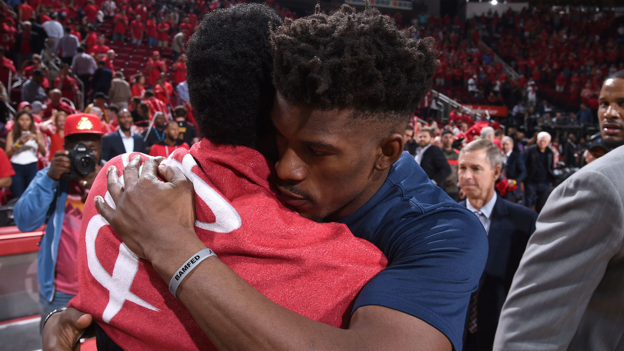 HOUSTON, TX - APRIL 25: James Harden #13 of the Houston Rockets and Jimmy Butler #23 of the Minnesota Timberwolves hug after Game Five of the Western Conference Quarterfinals during the 2018 NBA Playoffs on April 25, 2018 at the Toyota Center in Houston, Texas. NOTE TO USER: User expressly acknowledges and agrees that, by downloading and/or using this photograph, user is consenting to the terms and conditions of the Getty Images License Agreement. Mandatory Copyright Notice: Copyright 2018 NBAE