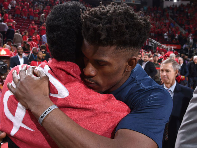 HOUSTON, TX - APRIL 25: James Harden #13 of the Houston Rockets and Jimmy Butler #23 of the Minnesota Timberwolves hug after Game Five of the Western Conference Quarterfinals during the 2018 NBA Playoffs on April 25, 2018 at the Toyota Center in Houston, Texas. NOTE TO USER: User expressly acknowledges and agrees that, by downloading and/or using this photograph, user is consenting to the terms and conditions of the Getty Images License Agreement. Mandatory Copyright Notice: Copyright 2018 NBAE