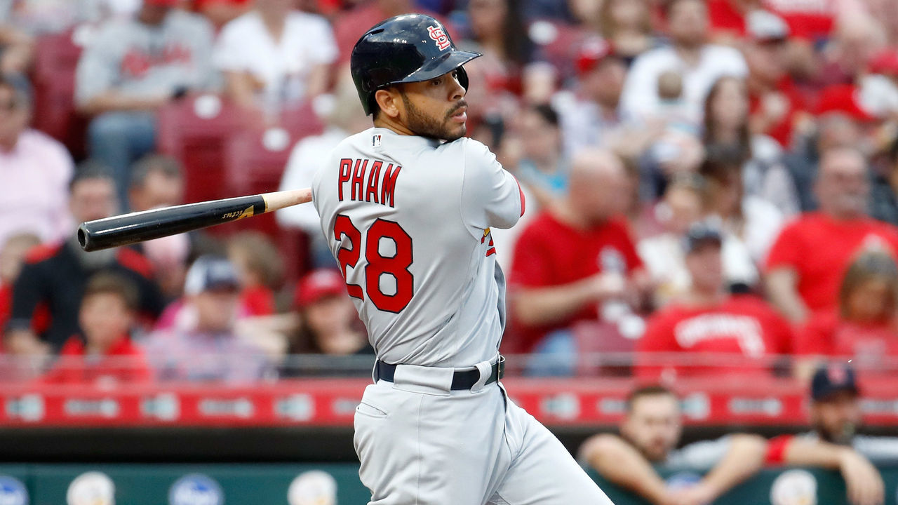 CINCINNATI, OH - APRIL 13: Tommy Pham #28 of the St. Louis Cardinals hits a single in the fourth inning against the Cincinnati Reds at Great American Ball Park on April 13, 2018 in Cincinnati, Ohio.