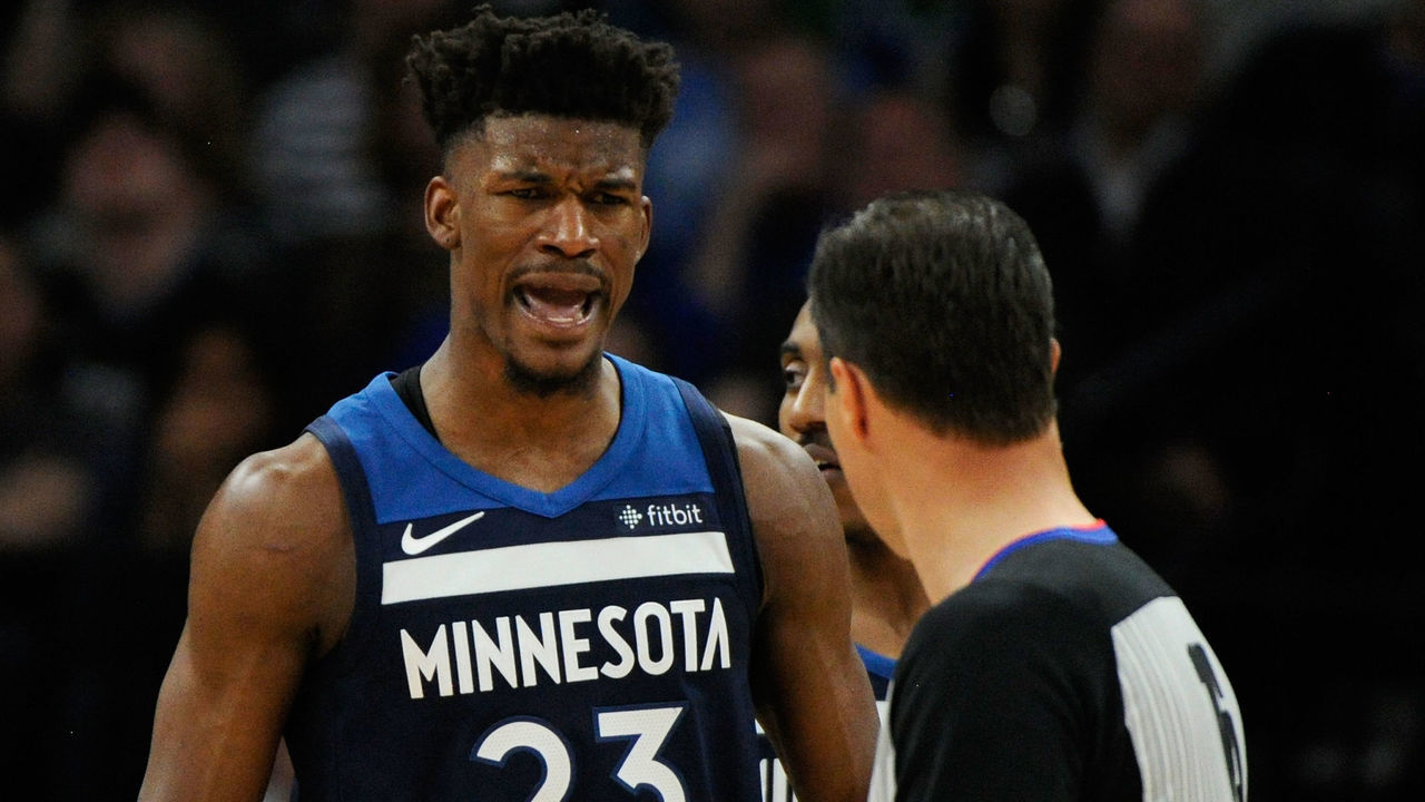 MINNEAPOLIS, MN - APRIL 23: Jimmy Butler #23 of the Minnesota Timberwolves reacts to being called for a foul against the Houston Rockets during the third quarter in Game Four of Round One of the 2018 NBA Playoffs on April 23, 2018 at the Target Center in Minneapolis, Minnesota. The Rockets defeated the Timberwolves 119-100.