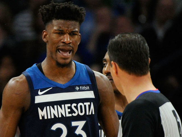MINNEAPOLIS, MN - APRIL 23: Jimmy Butler #23 of the Minnesota Timberwolves reacts to being called for a foul against the Houston Rockets during the third quarter in Game Four of Round One of the 2018 NBA Playoffs on April 23, 2018 at the Target Center in Minneapolis, Minnesota. The Rockets defeated the Timberwolves 119-100.
