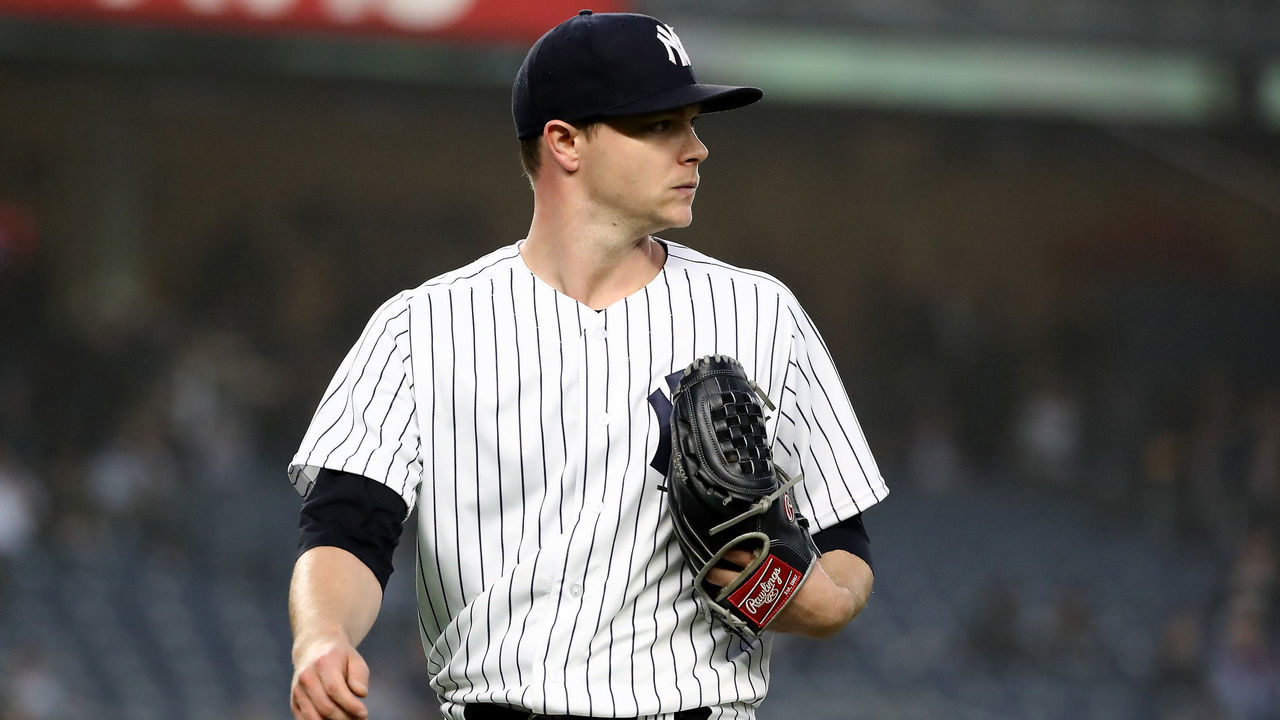 NEW YORK, NY - APRIL 25: Sonny Gray #55 of the New York Yankees walks off the field in the third inning against the Minnesota Twins at Yankee Stadium on April 25, 2018 in the Bronx borough of New York City.