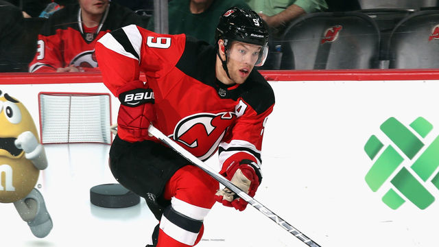 NEWARK, NJ - APRIL 05: Taylor Hall #9 of the New Jersey Devils skates against the Toronto Maple Leafs at the Prudential Center on April 5, 2018 in Newark, New Jersey. The Devils defeated the Maple Leafs 2-1 to clinch a playoff position.