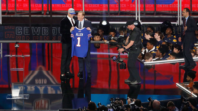 ARLINGTON, TX - APRIL 26: Josh Allen of Wyoming poses with NFL Commissioner Roger Goodell after being picked #7 overall by the Buffalo Bills during the first round of the 2018 NFL Draft at AT&T Stadium on April 26, 2018 in Arlington, Texas.