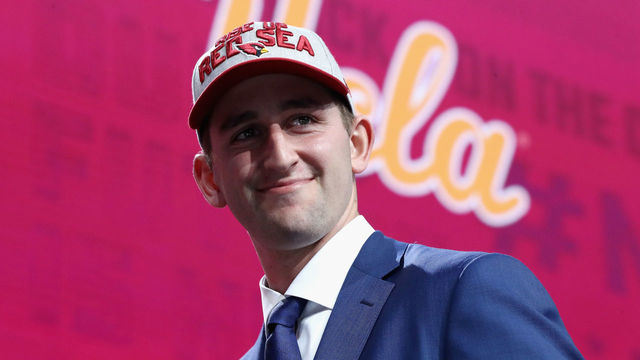 ARLINGTON, TX - APRIL 26: Josh Rosen of UCLA reacts after being picked #10 overall by the Arizona Cardinals during the first round of the 2018 NFL Draft at AT&T Stadium on April 26, 2018 in Arlington, Texas.
