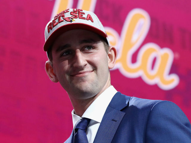 ARLINGTON, TX - APRIL 26: Josh Rosen of UCLA reacts after being picked #10 overall by the Arizona Cardinals during the first round of the 2018 NFL Draft at AT&T Stadium on April 26, 2018 in Arlington, Texas.