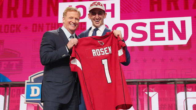 ARLINGTON, TX - APRIL 26: Josh Rosen of UCLA poses with NFL Commissioner Roger Goodell after being picked #10 overall by the Arizona Cardinals during the first round of the 2018 NFL Draft at AT&T Stadium on April 26, 2018 in Arlington, Texas.
