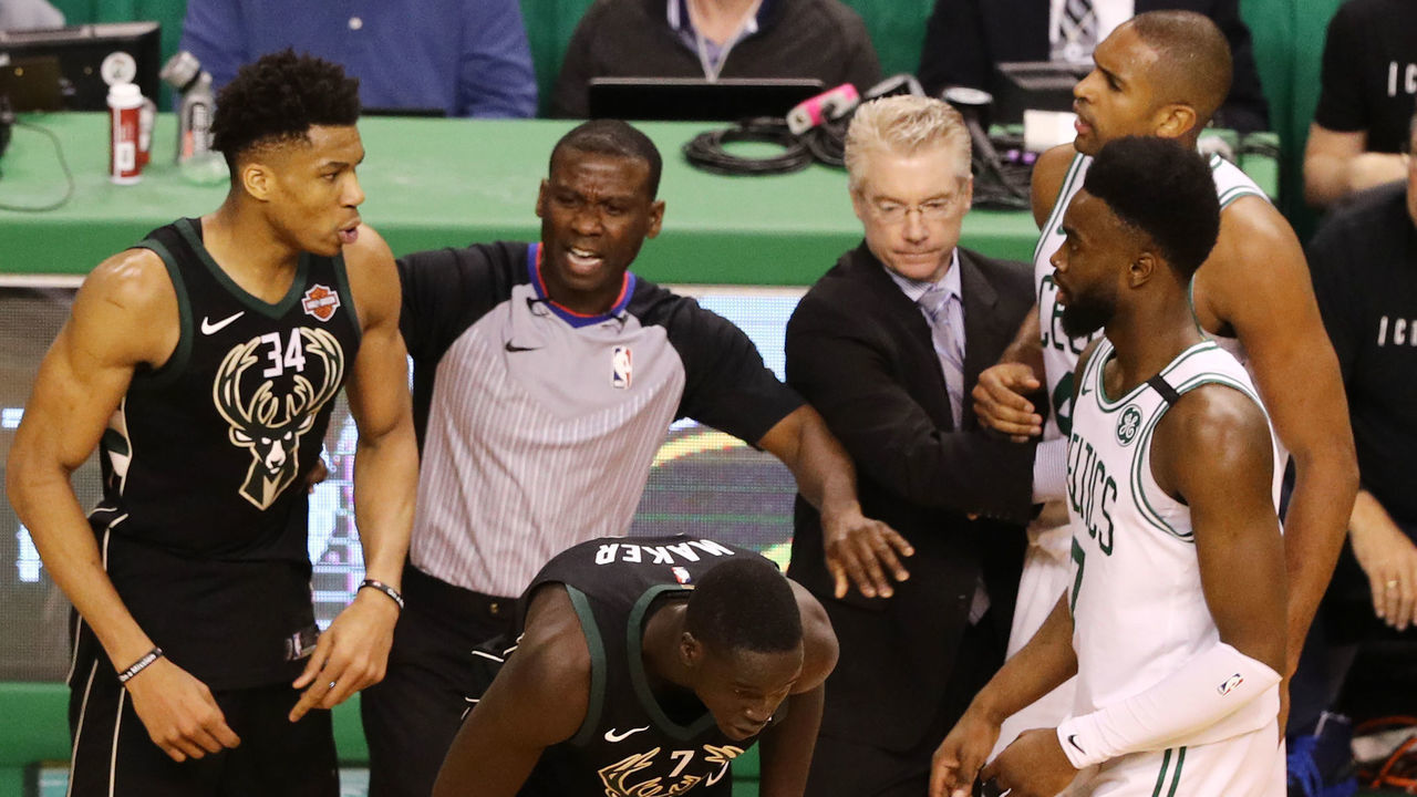 BOSTON, MA - APRIL 24: Al Horford #42 of the Boston Celtics and Giannis Antetokounmpo #34 of the Milwaukee Bucks are separated during the fourth quarter in Game Five in Round One of the 2018 NBA Playoffs at TD Garden on April 24, 2018 in Boston, Massachusetts. The Celtics defeat the Bucks 92-87.