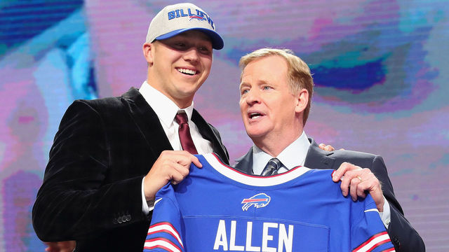 ARLINGTON, TX - APRIL 26: Josh Allen of Wyoming poses with NFL Commissioner Roger Goodell after being picked #7 overall by the Buffalo Bills during the first round of the 2018 NFL Draft at AT&T Stadium on April 26, 2018 in Arlington, Texas.