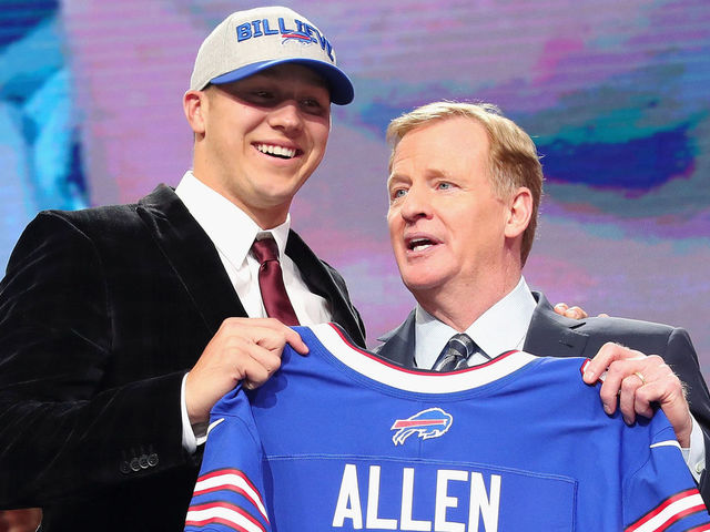 ARLINGTON, TX - APRIL 26: Josh Allen of Wyoming poses with NFL Commissioner Roger Goodell after being picked #7 overall by the Buffalo Bills during the first round of the 2018 NFL Draft at AT&T Stadium on April 26, 2018 in Arlington, Texas.