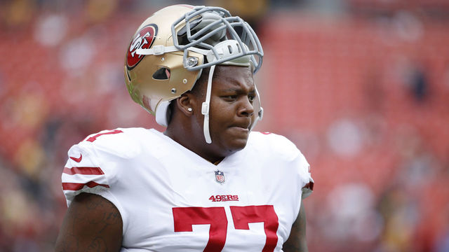 LANDOVER, MD - OCTOBER 15: Trent Brown #77 of the San Francisco 49ers looks on during a game against the Washington Redskins at FedEx Field on October 15, 2017 in Landover, Maryland. The Redskins won 26-24.