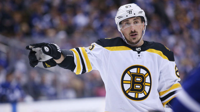 TORONTO, ON- APRIL 19 - Boston Bruins left wing Brad Marchand (63) directs a teammate as the Toronto Maple Leafs lose game 4 to the Boston Bruins 3-1 their first round NHL Stanley Cup playoff series at the Air Canada Centre in Toronto. April 19, 2018. (Steve Russell/Toronto Star via Getty Images)