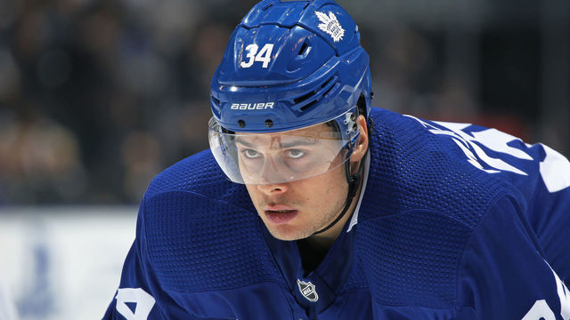 TORONTO, ON - APRIL 2: Auston Matthews #34 of the Toronto Maple Leafs waits for a faceoff against the Buffalo Sabres during an NHL game at the Air Canada Centre on April 2, 2018 in Toronto, Ontario, Canada. The Maple Leafs defeated the Sabres 5-2. *** Local Caption *** Auston Matthews