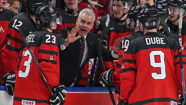 BUFFALO, NY - JANUARY 5: Dominique Ducharme head coach of Canada talks to the team late in the game during the Gold medal game against Sweden of the IIHF World Junior Championship at KeyBank Center on January 5, 2018 in Buffalo, New York. Canada beat Sweden 3-1.