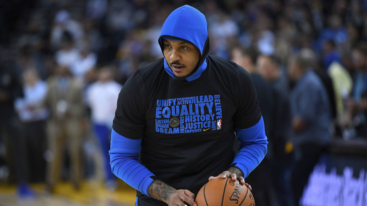OAKLAND, CA - FEBRUARY 06: Carmelo Anthony #7 of the Oklahoma City Thunder warms up prior to the start of an NBA basketball game against the Golden State Warriors at ORACLE Arena on February 6, 2018 in Oakland, California.