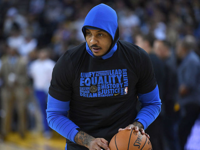 OAKLAND, CA - FEBRUARY 06: Carmelo Anthony #7 of the Oklahoma City Thunder warms up prior to the start of an NBA basketball game against the Golden State Warriors at ORACLE Arena on February 6, 2018 in Oakland, California.