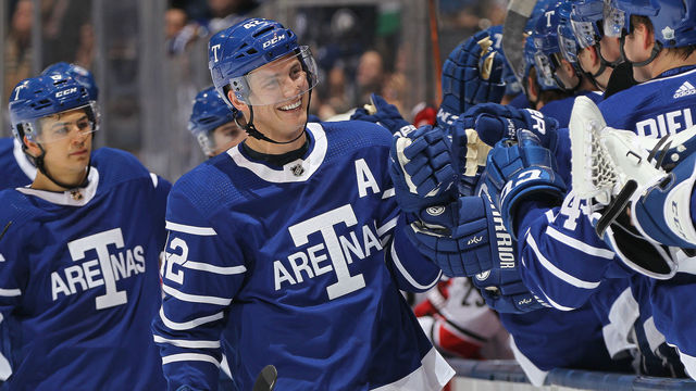 TORONTO,ON - DECEMBER 19: Tyler Bozak #42 of the Toronto Maple Leafs celebrates a goal against the Carolina Hurricanes during an NHL game at the Air Canada Centre on December 19, 2017 in Toronto, Ontario, Canada.