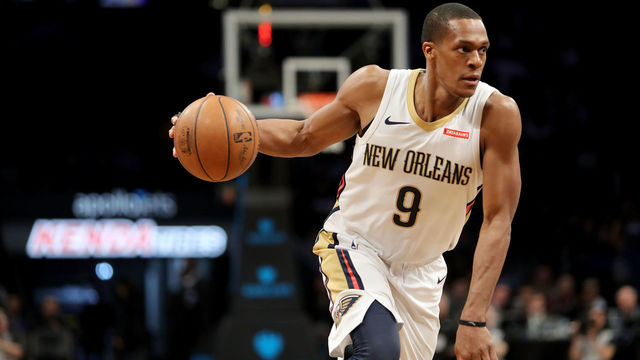 NEW YORK, NY - FEBRUARY 10: Rajon Rondo #9 of the New Orleans Pelicans drives towards the basket in the second quarter against the Brooklyn Nets during their game at Barclays Center on February 10, 2018 in the Brooklyn borough of New York City.