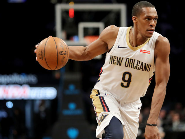 NEW YORK, NY - FEBRUARY 10: Rajon Rondo #9 of the New Orleans Pelicans drives towards the basket in the second quarter against the Brooklyn Nets during their game at Barclays Center on February 10, 2018 in the Brooklyn borough of New York City.