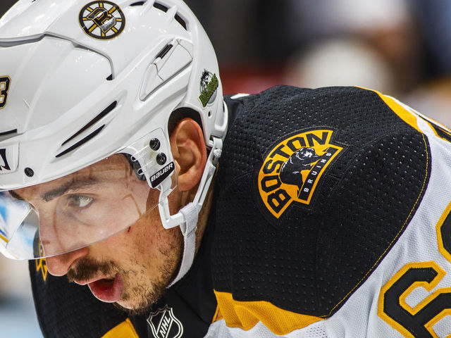 TORONTO, ON - APRIL 16: Brad Marchand #63 of the Boston Bruins looks on in a break against the Toronto Maple Leafs in Game Three of the Eastern Conference First Round during the 2018 NHL Stanley Cup Playoffs at the Air Canada Centre on April 16, 2018 in Toronto, Ontario, Canada.