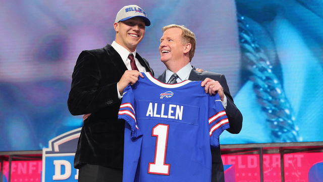 ARLINGTON, TX - APRIL 26: Josh Allen of Wyoming poses with NFL Commissioner Roger Goodell after being picked #7 overall by the Buffalo Bills during the first round of the 2018 NFL Draft at AT&T Stadium on April 26, 2018 in Arlington, Texas.