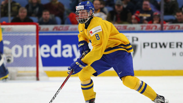 BUFFALO, NY - JANUARY 4: Rasmus Dahlin #8 of Sweden during the IIHF World Junior Championship against the United States at KeyBank Center on January 4, 2018 in Buffalo, New York.